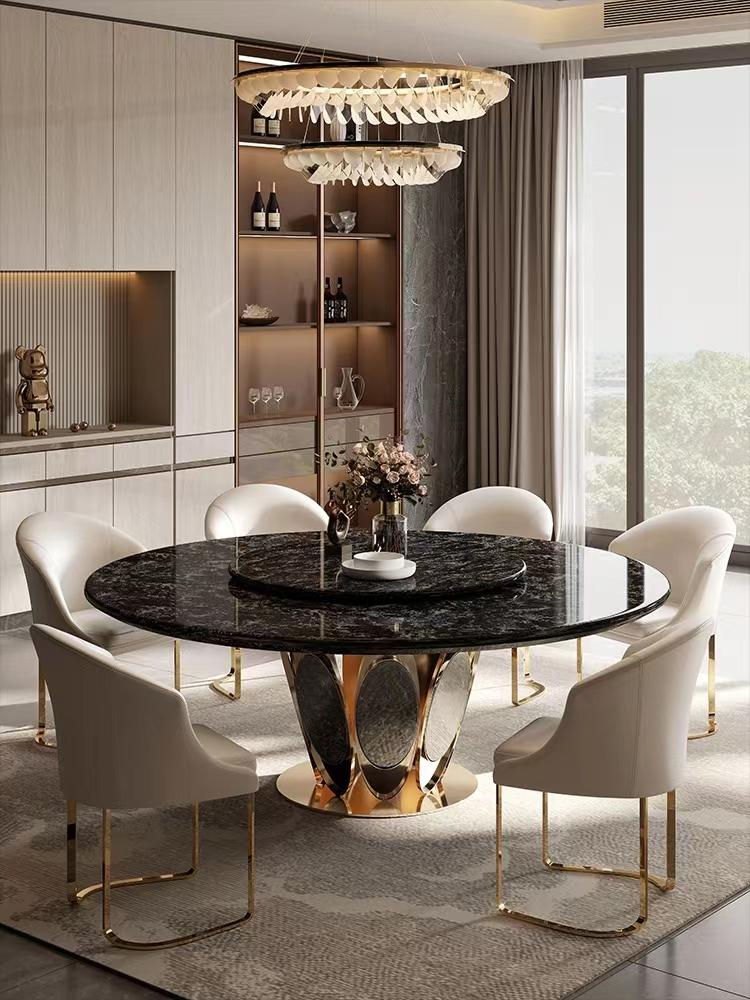 Natural stone round dining table and chair with turntable